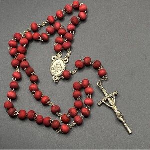 Catholic Rosary Red Rose Wood Beads Rome Pope Silver Plated